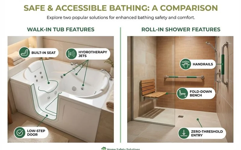 Side-by-side accessibility features of a walk-in tub with a low-threshold door and a roll-in shower with bench and handrails