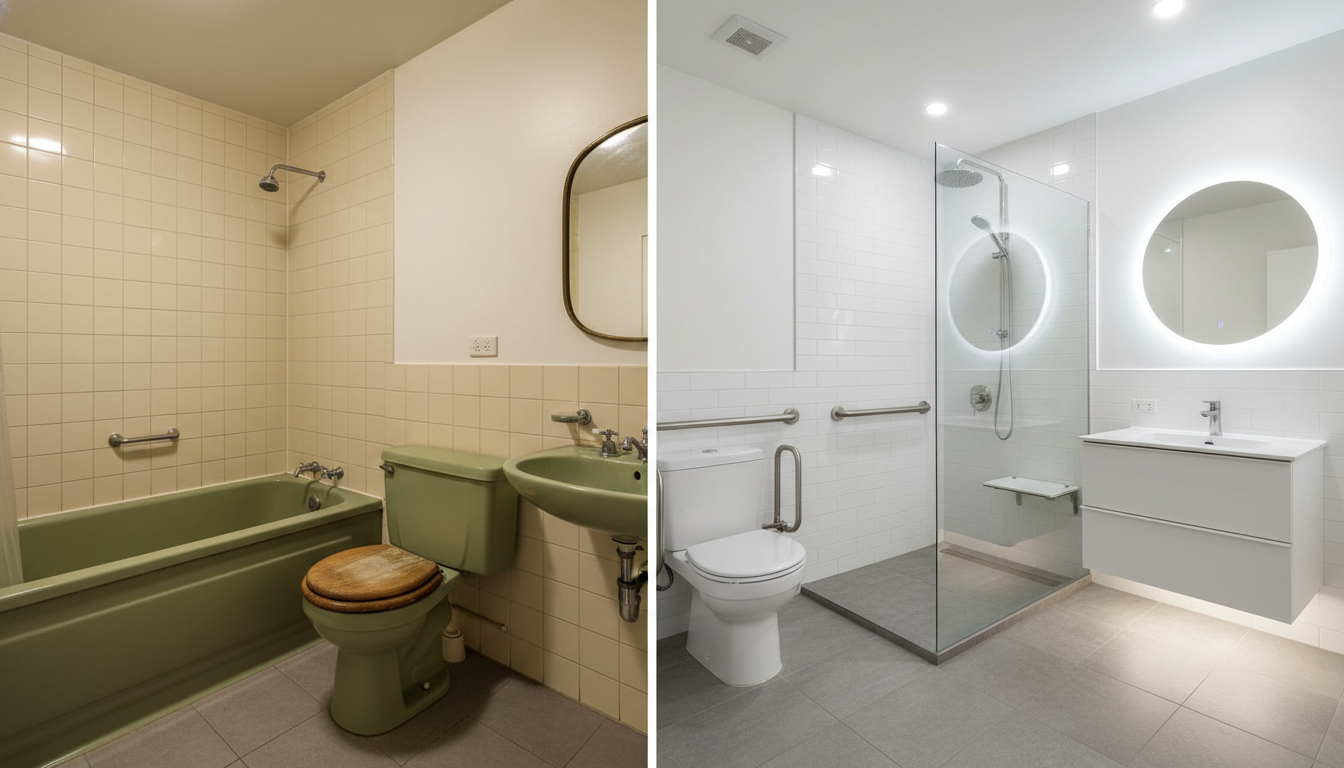 Before and after bathroom remodel for elderly showing transformation from standard to accessible design