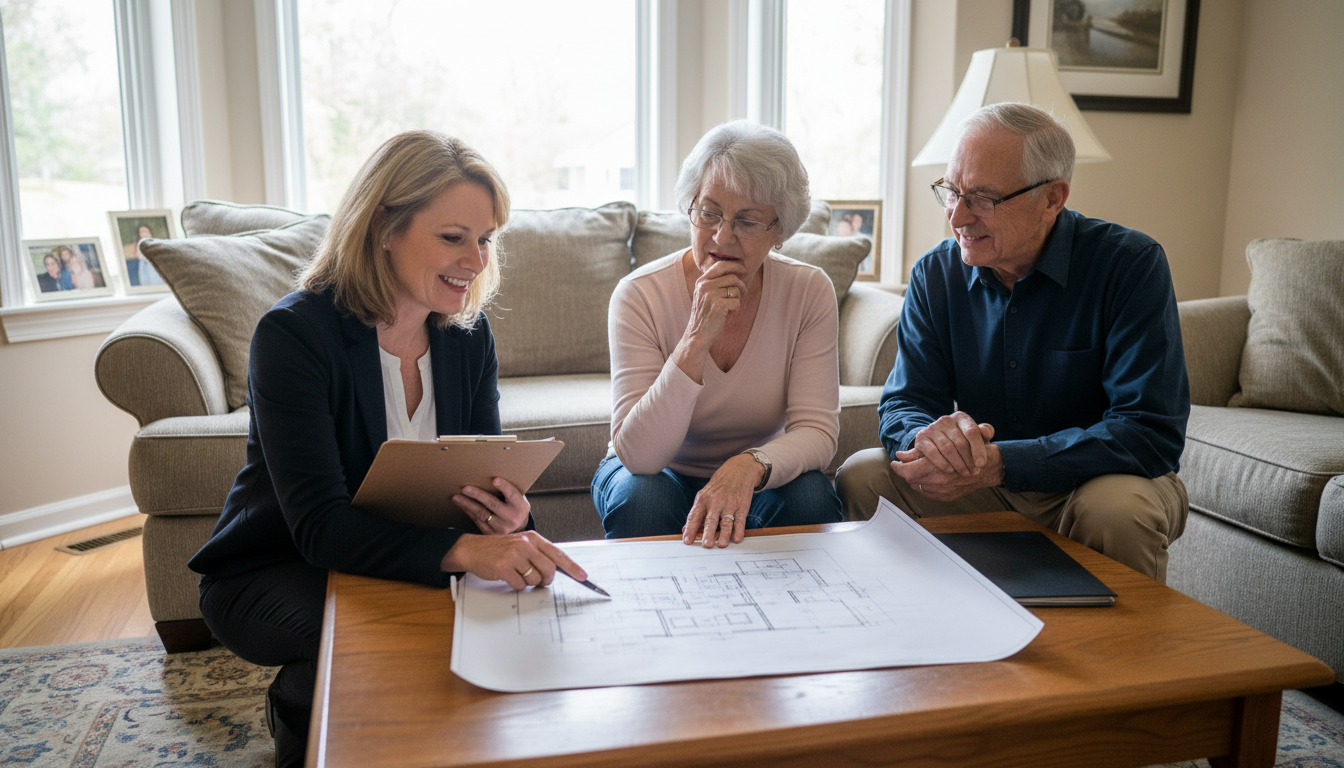 Certified aging-in-place specialist consulting with elderly couple about home modification plans in their living room