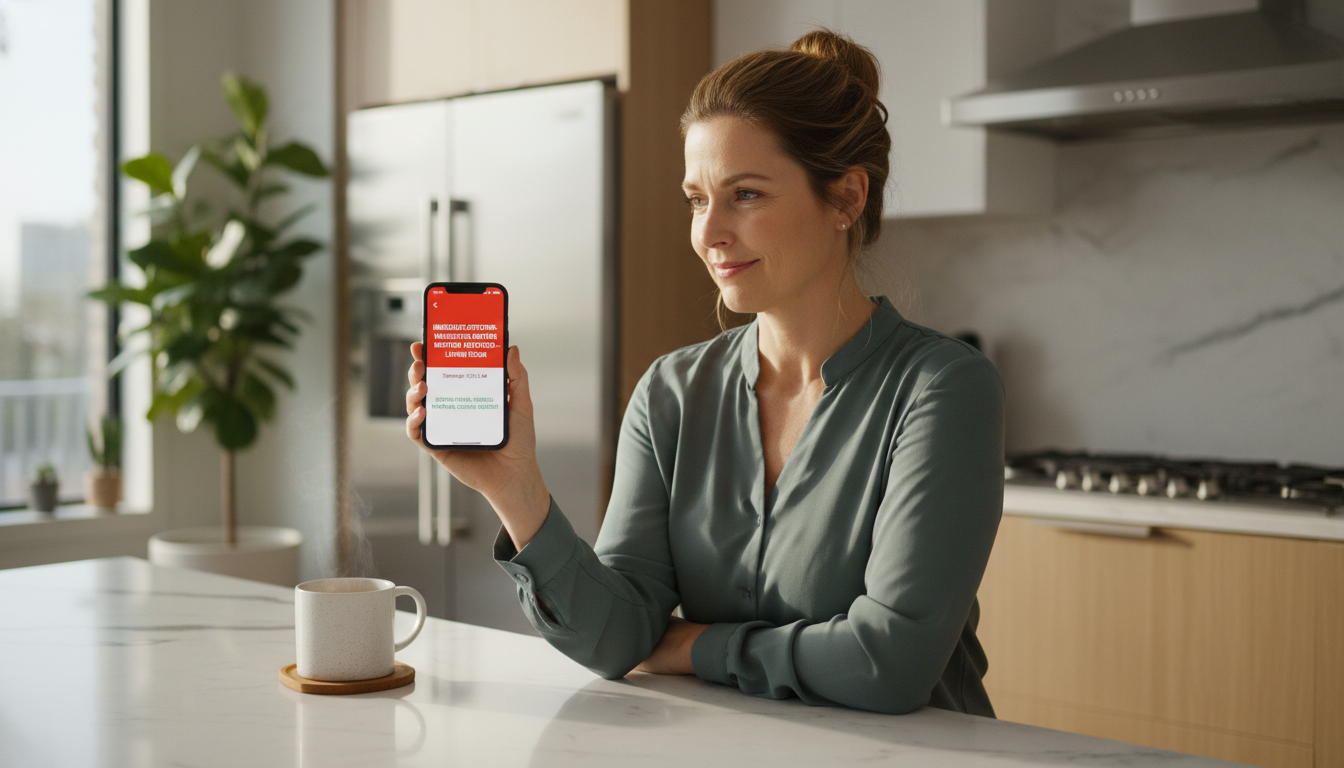 Adult daughter checking a fall detection safety alert notification on her smartphone