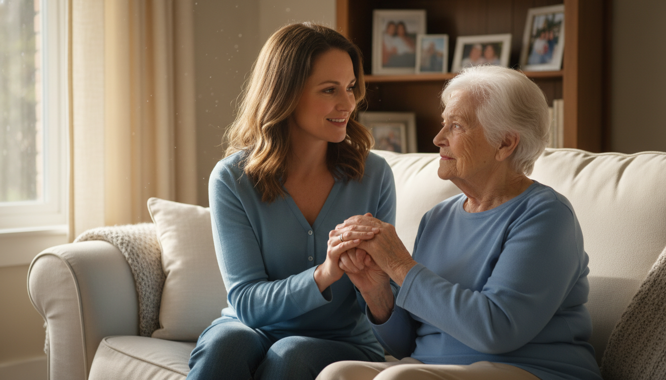 Adult daughter gently holding hands with her elderly mother in a bright living room, a tender moment reflecting the emotional bond and role reversal of family caregiving
