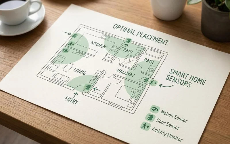 Diagram showing placement of motion sensors, door sensors, and activity monitors throughout a typical home floor plan