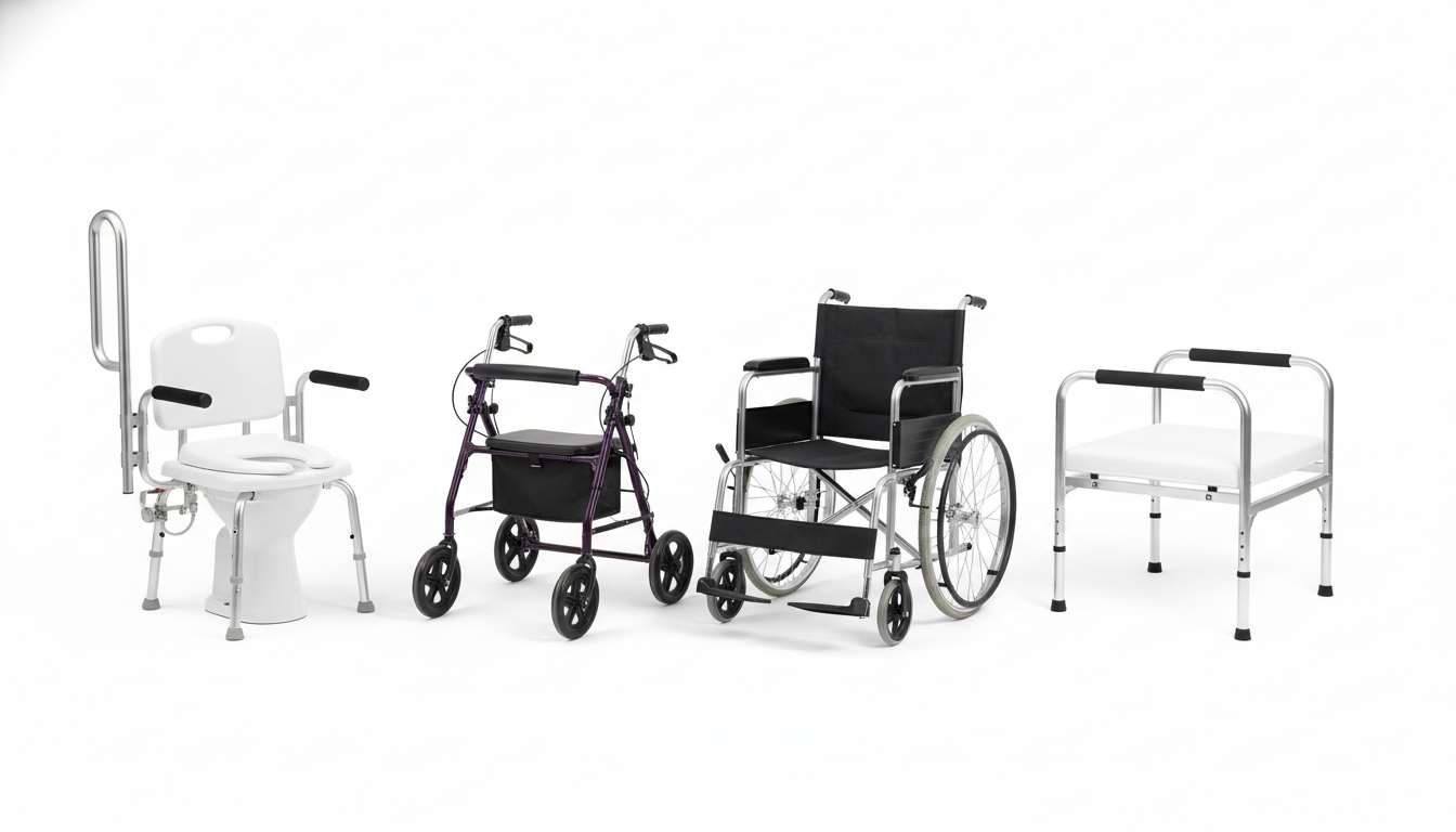Display of different types of home medical equipment for seniors including wheelchair, rollator, shower chair, and bed rail