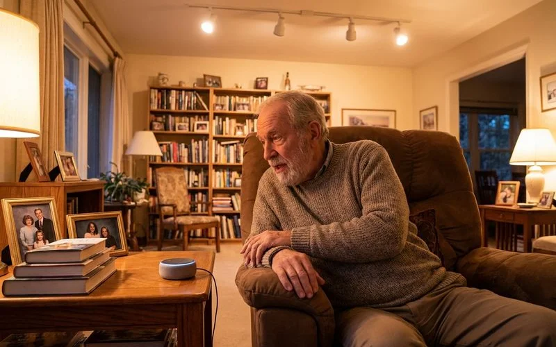 Elderly man using voice command to control smart home lighting and thermostat from comfortable recliner in living room