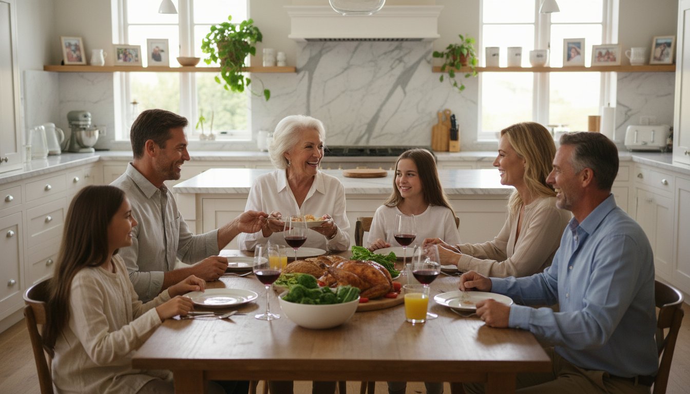 Multi-generational family gathering at senior parents' home, demonstrating the family support network that helps seniors avoid nursing home placement