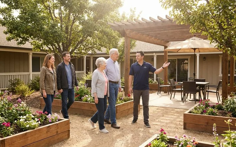 Family members touring a memory care facility with staff member showing secure garden area and activity spaces