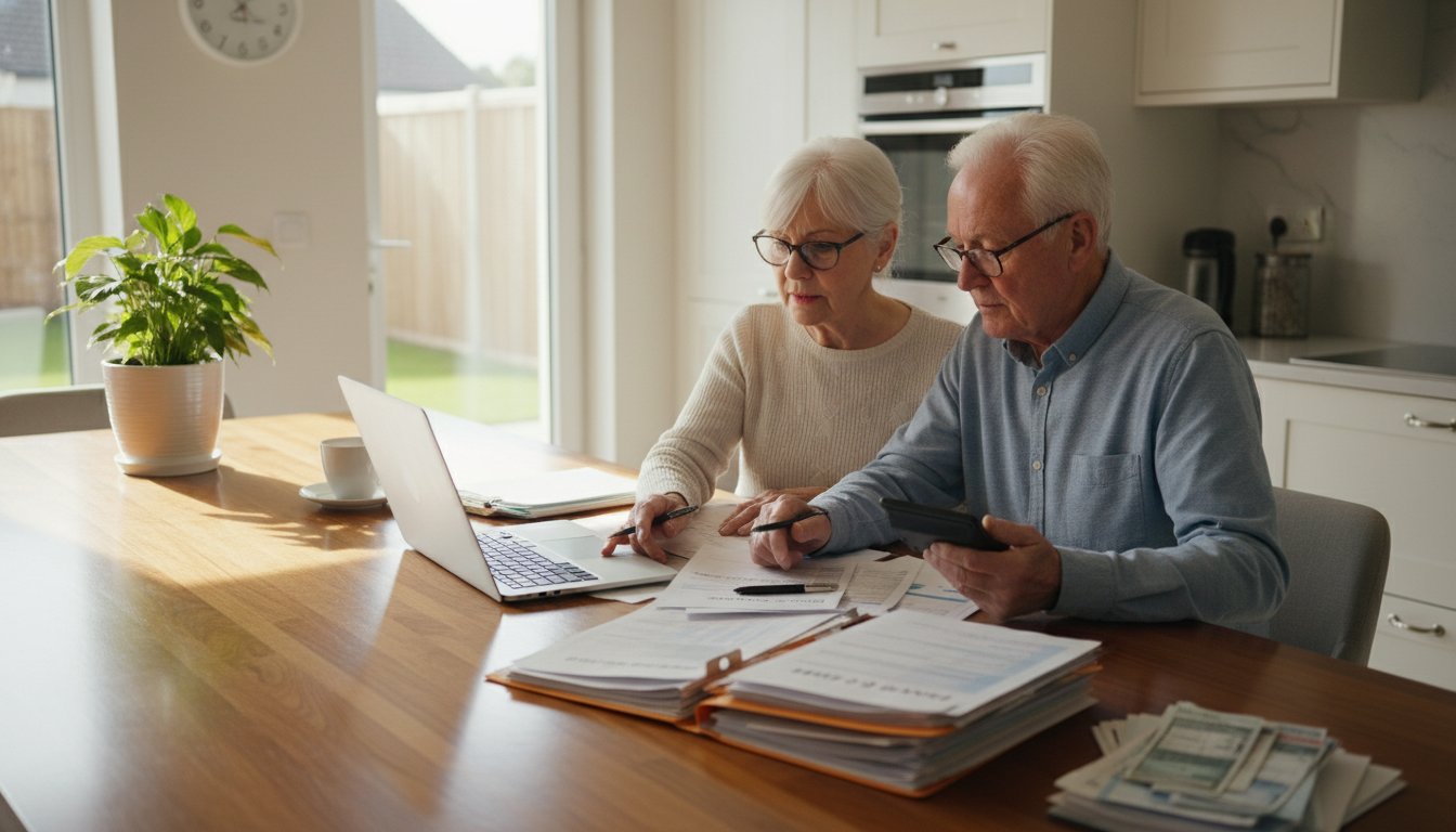 Professional financial advisor meeting with an adult daughter and elderly mother to discuss senior care cost planning and financial options