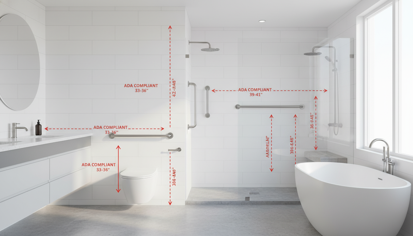 Modern bathroom showing optimal grab bar placement locations beside the toilet, inside the shower, and near the bathtub at ADA-compliant heights