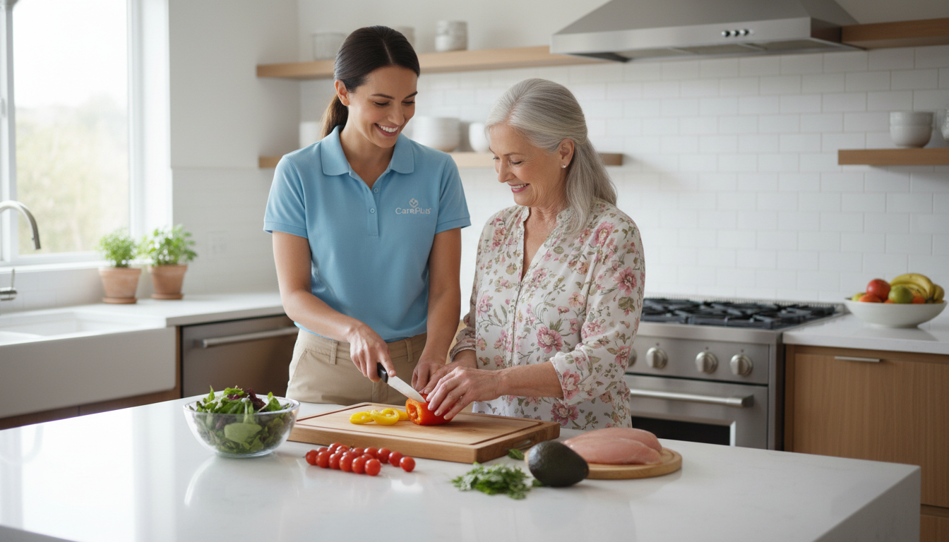 Home health aide cheerfully helping a senior woman prepare a healthy meal in a bright modern kitchen, demonstrating in-home care services
