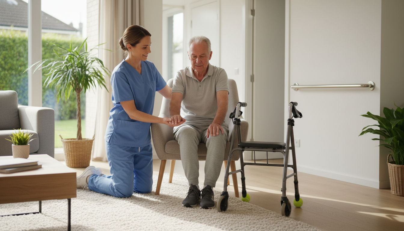 Professional home health aide helping a senior man with physical therapy exercises in his living room, demonstrating how professional care at home helps avoid nursing home placement