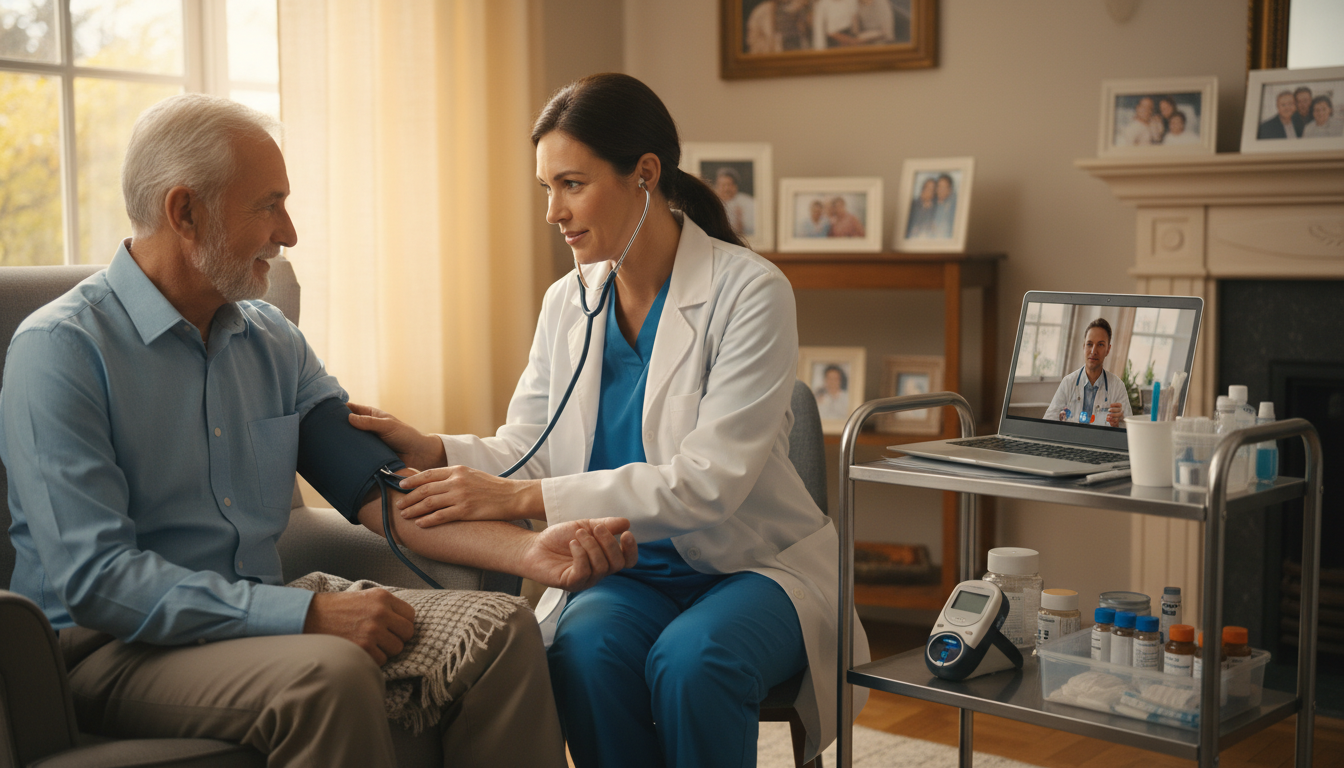 Home health nurse providing care to elderly man at home with telehealth technology