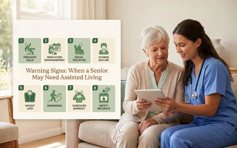 Infographic showing eight warning signs that indicate a senior may need to transition from home care to assisted living