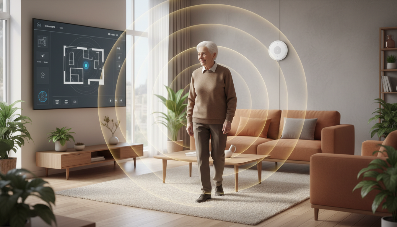 Radar-based non-wearable fall detection sensor monitoring a living room with visualization of detection waves