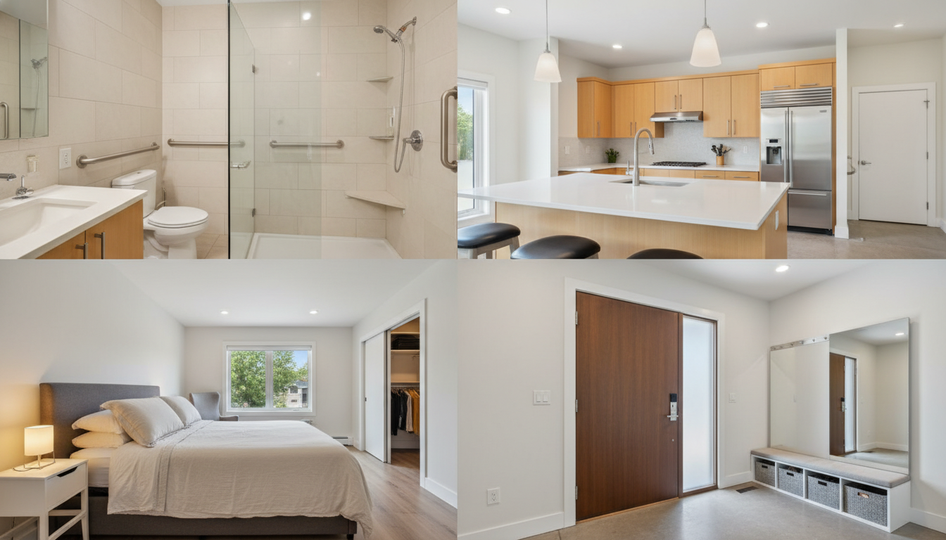 Room-by-room overview of senior home modifications showing accessible bathroom, kitchen, bedroom, and entryway