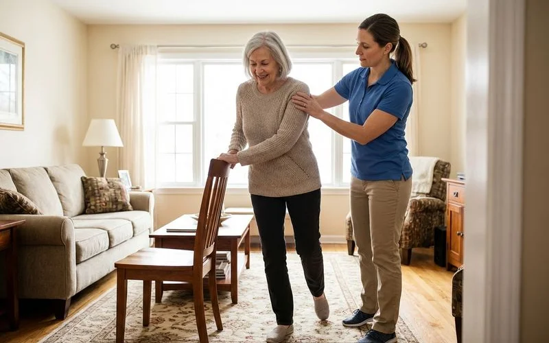 Senior woman performing balance exercises with physical therapist in living room using chair for support