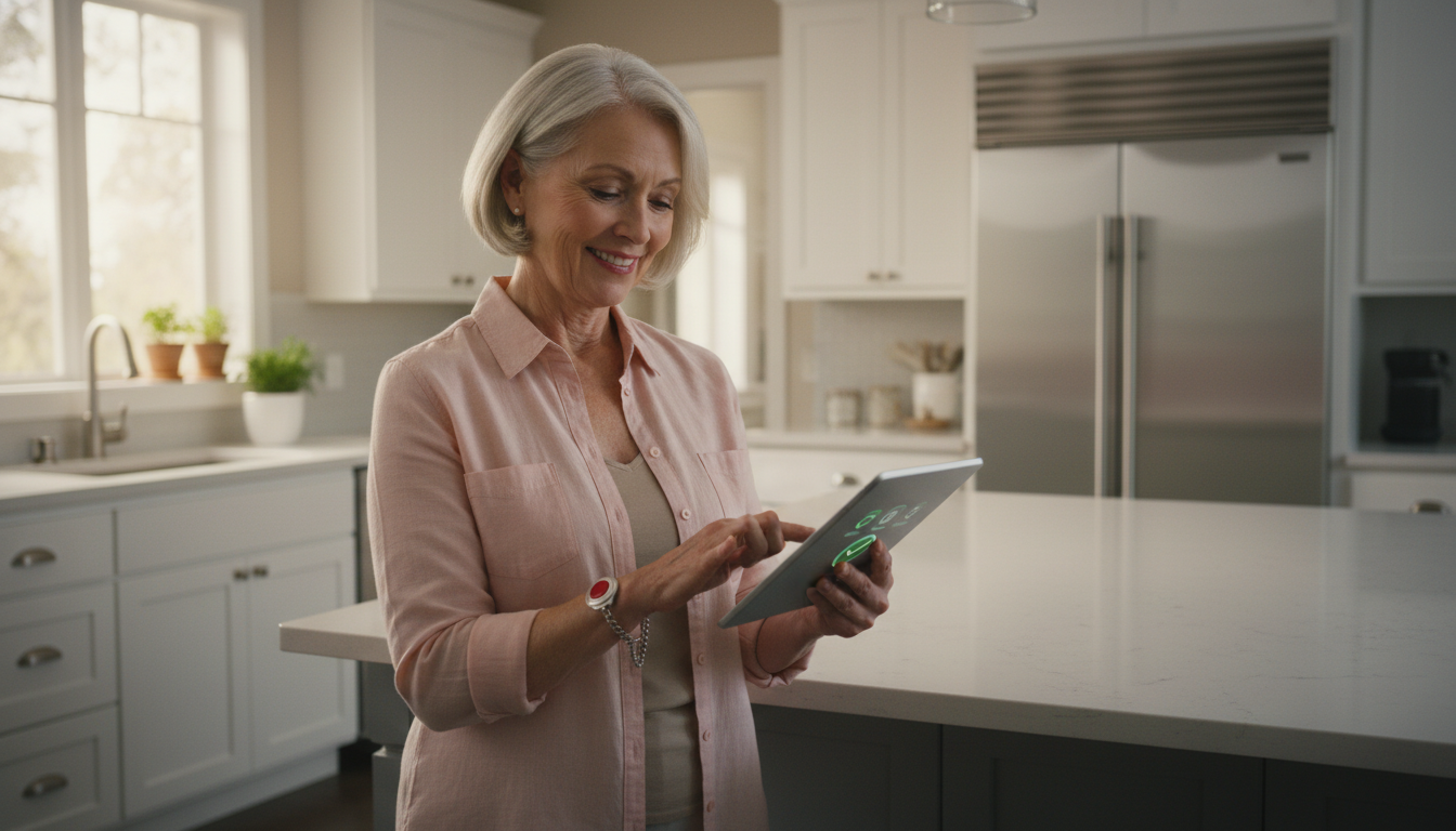 Senior woman using smart home technology tablet to manage her home, wearing a medical alert pendant, demonstrating independent assisted living with technology