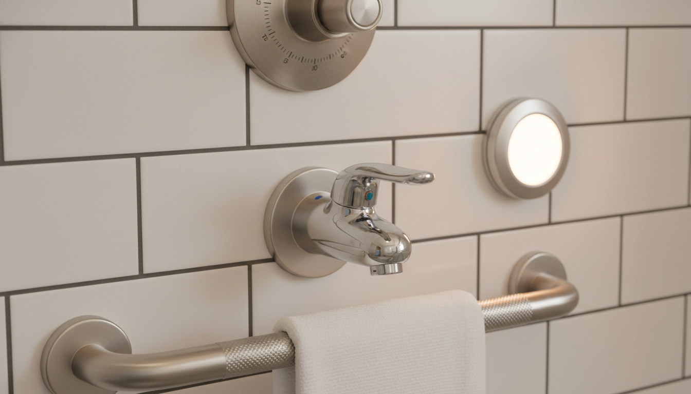Universal design bathroom fixtures including lever faucets, decorative grab bars, and motion sensor lighting