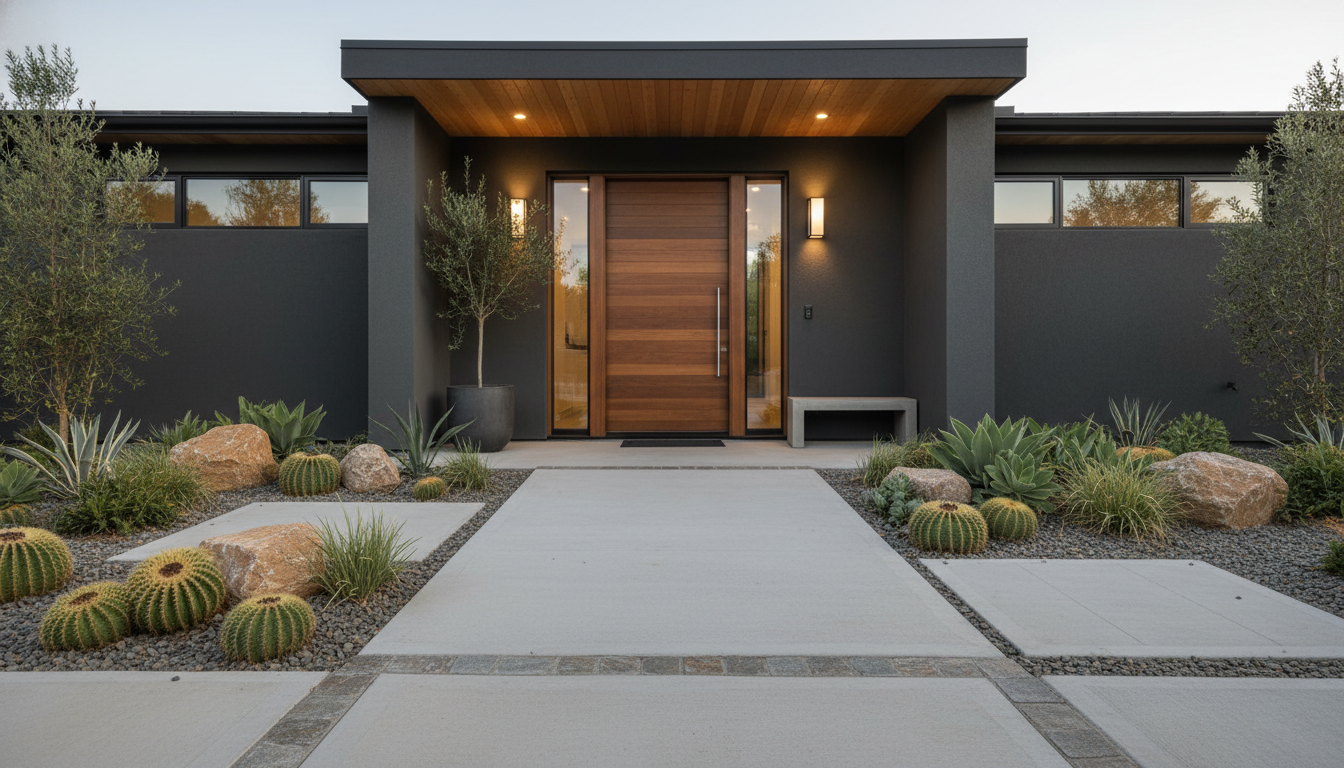 Modern home entrance with landscaped zero-step entry ramp, wide front door with lever handle, and motion-activated porch lights